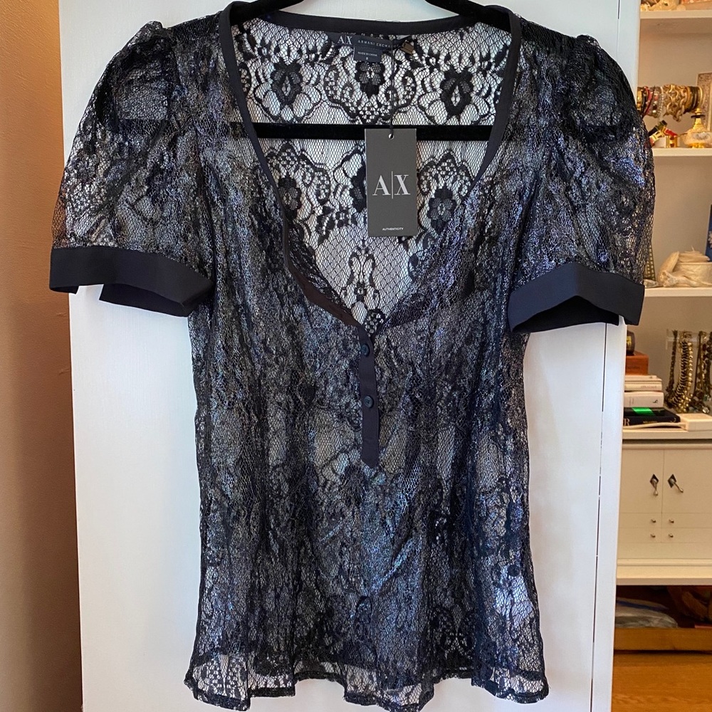 NEW Armani Exchange Black & Silver Lace Top